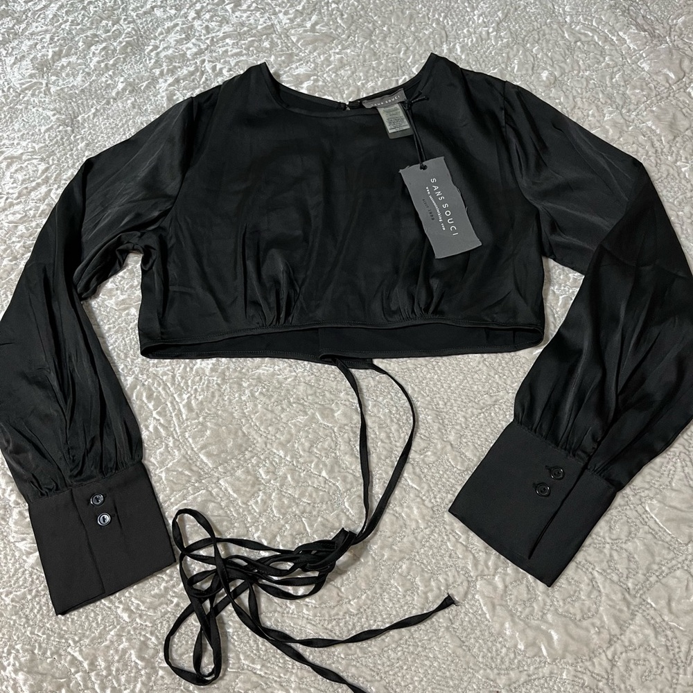Sans Souci Black Satin Wrap Crop Top with Long Cuffs. Medium